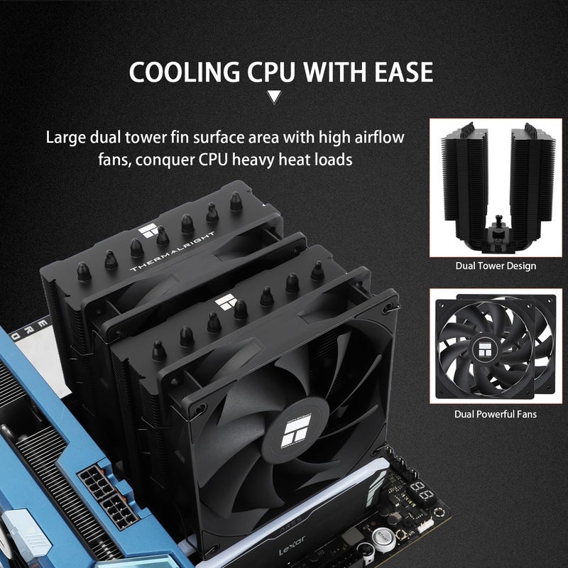Thermalright مبرد وحدة المعالجة المركزية Phantom Spirit 120 SE أسود، مروحتان TL-C12B V2 PWM وأبراج مزدوجة، 7 أنابيب حرارية، مبرد لوحدة المعالجة المركزية AM4/AM5 وIntel LGA1851/1700/115X/1200، تبريد وحدة المعالجة المركزية للكمبيوتر، أسود - Image 4